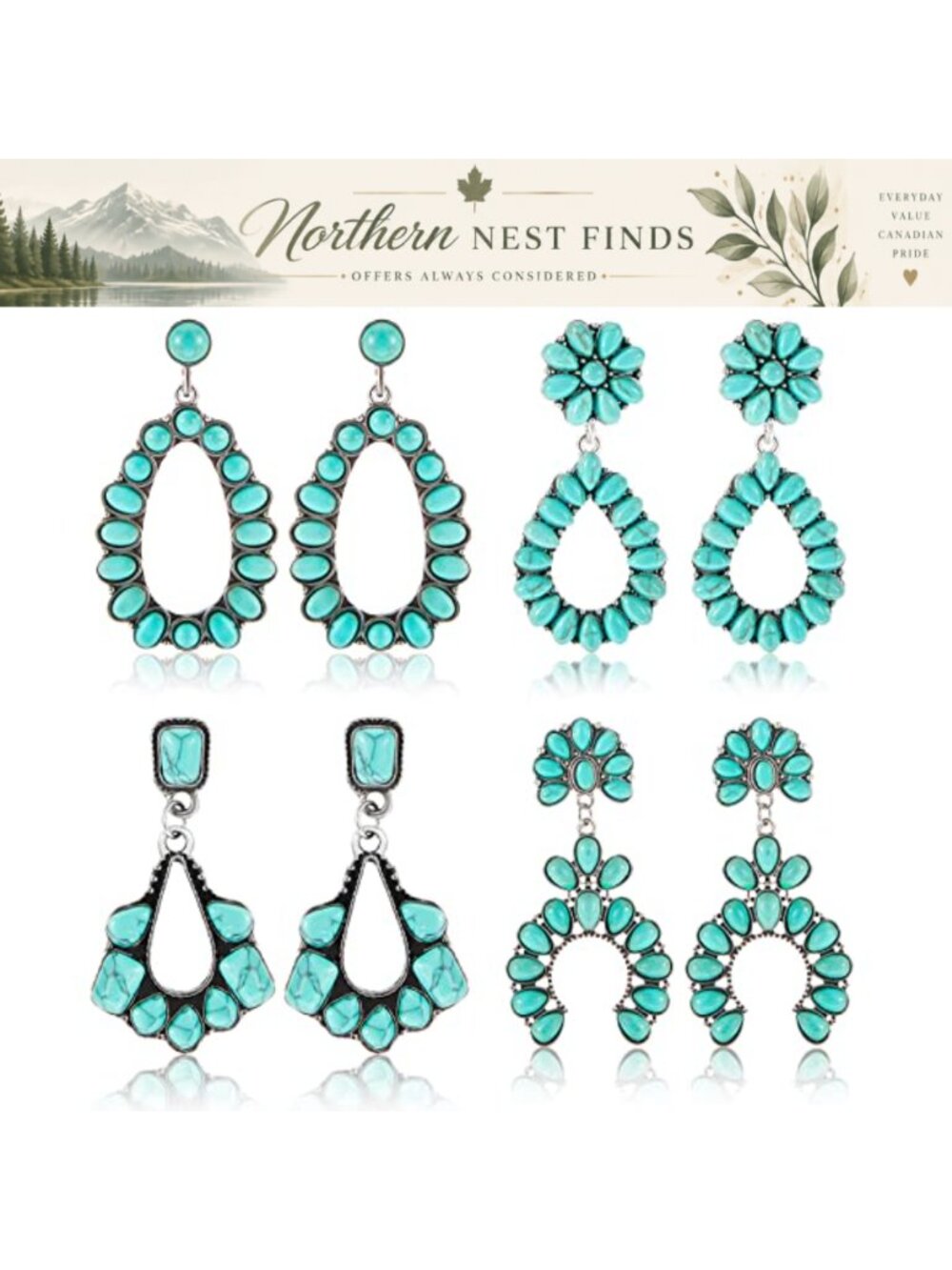Turquoise Dangle Earrings 4 Pairs Set Bohemian Statement Teardrop Metal Western